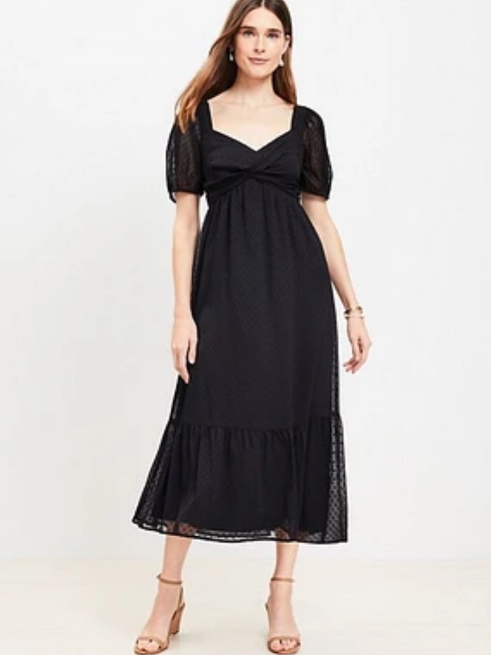 Loft NWT Black Cross Bodice Semi Sheer Puff Sleeve Tiered Midi Dress size 12